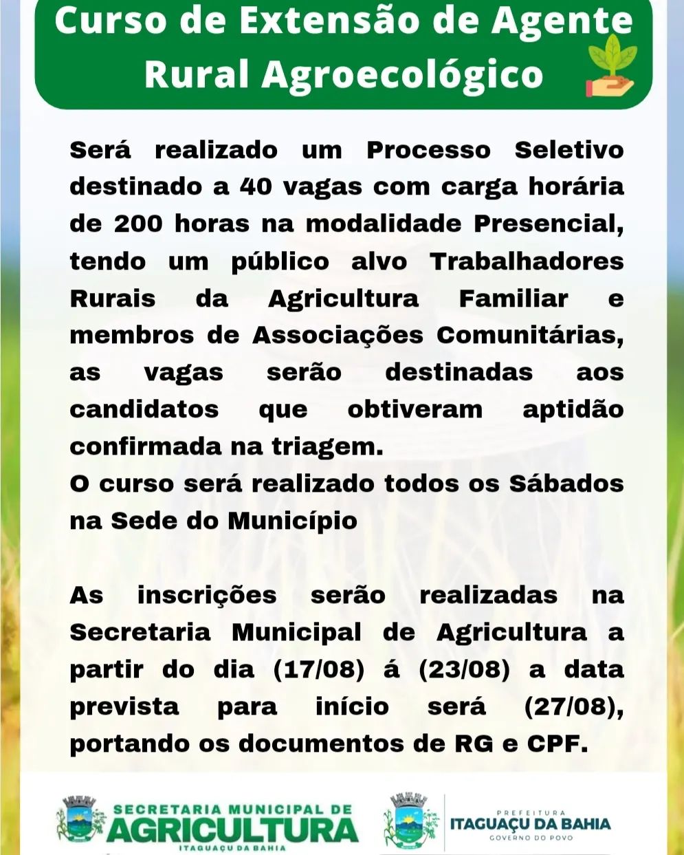 Curso de Extensão de Agente Rural Agroecológico