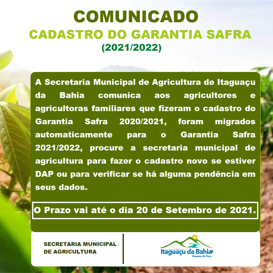 ATENÇÃO AGRICULTORES E AGRICULTORAS DE ITAGUAÇU DA BAHIA!